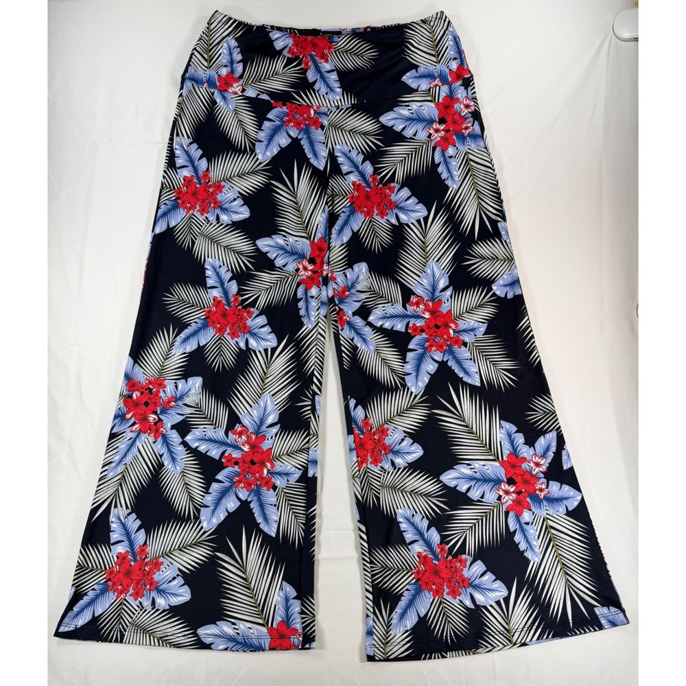 Arolina Women XXXL Tropical Floral Wide Leg Palazzo Pant Navy Blue Hibiscus Palm